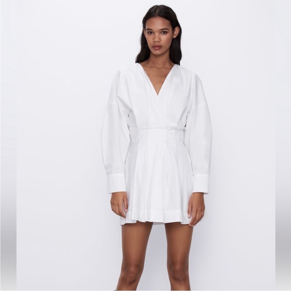 ZARA V-Neck Crossed pleated White mini cotton long sleeve Shirt Dress XS NWT - Picture 7 of 16
